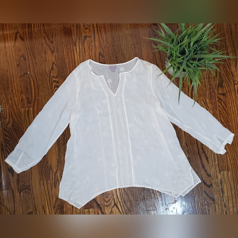 J. Jill Lightweight Off White Embroidered Floral Blouse Long Sleeve Size L